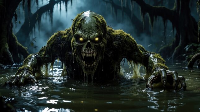 Horrifying swamp monster with glowing eyes crawls from murky water. Moss covered creature has sharp fangs and claws. Dark spooky forest background with eerie mist.