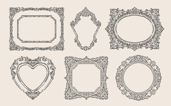 Set of six ornate vintage rococo and baroque frame elements featuring rectangle, oval, heart, square, and round shapes. Detailed hand-drawn line art sketch vector for wedding invitation design.