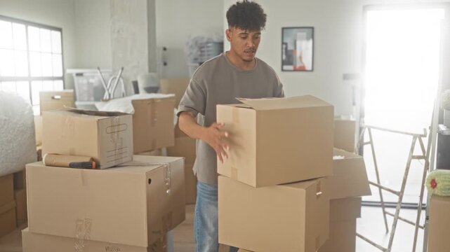Man with hand on cardboard box stacking and moving packed boxes in a bright studio apartment, hand on hip gesture; fresh start determination.
