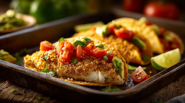 Fish tacos with tomato salsa and lime wedges on dark rustic metal tray mexican food tex mex