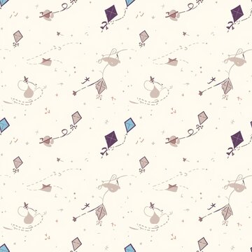 Minimalist playful seamless pattern with flying kites and paper boats
