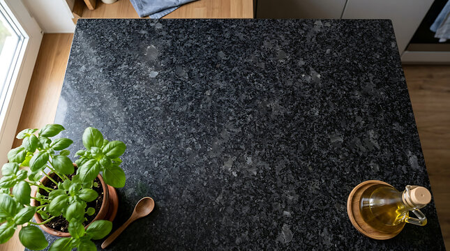 Dark granite kitchen countertop with fresh basil plant and olive oil bottle top view