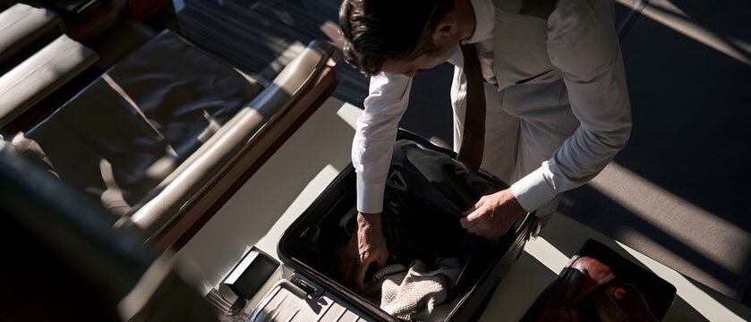 Man repacking carry on at airport lounge table with focused expression and travel luggage in dramatic light