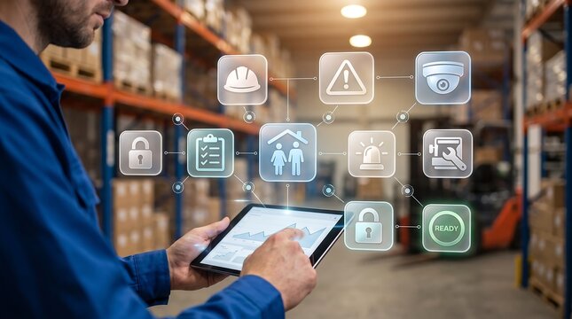 Warehouse employee reviewing digital analytics and facility status on tablet with interactive augmented reality interface for real time operational management in storage distribution center