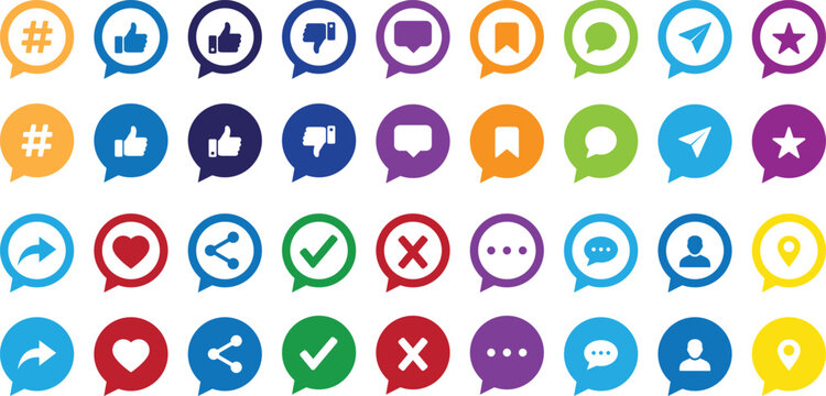 Colorful social media interface icon bundle flat vector featuring various communication symbols and user interaction buttons for digital web design projects, isolated on a white background.