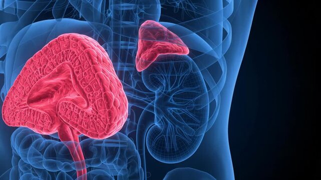 3D medical animation highlighting the human gallbladder and biliary system within a transparent blue torso.