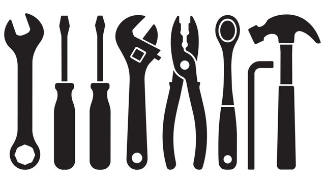 Black Set of Eight Essential Hand Tools Silhouette