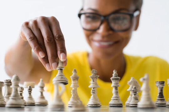 Confident woman playing chess focusing on strategy with competitive spirit. Engaging in a classic board game exemplifying intelligence and decision making. Generative AI