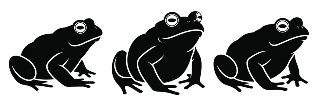 Set of three black silhouettes of frogs in different poses isolated on a white background, featuring detailed outlines and flat style for nature themes