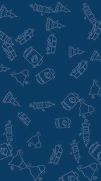 Blue pattern with hand drawn mountains, rocket ships, camper vans. Suitable for travel blogs, adventure websites, outdoor gear products.