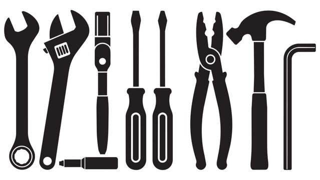 Black and White Set of Hand Tools Including Wrenches, Pliers, Screwdrivers, and Hammers