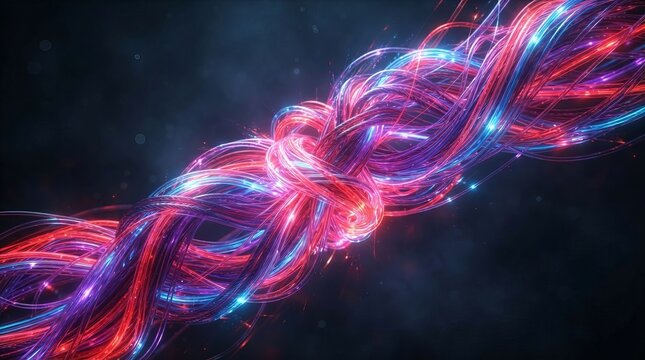 Abstract Swirling Pattern of Glowing Neon Red And Blue Fiber Optic Cables Creating A Dynamic Knot