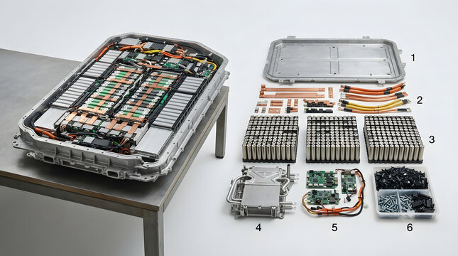 Detailed EV battery pack exploded diagram with numbered modules, electronic components, copper busbars and housing parts for automotive engineering