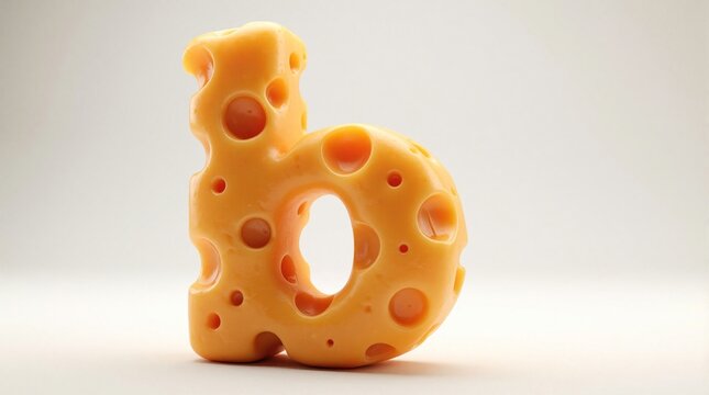 Lowercase letter b made from yellow swiss cheese with many holes. Tasty dairy food shape isolated on white background. Creative typography font using edible cheese block. Fun alphabet character