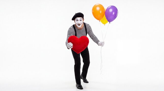 Happy mime artist holding red heart pillow and colorful balloons in professional studio on white background