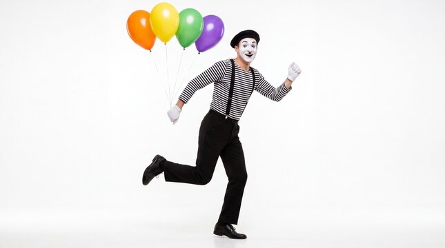 Cheerful mime artist running joyfully holding colorful balloons while wearing classic black striped shirt on white background