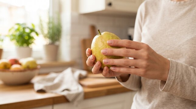 Fresh guava fruit in hands. Woman holding ripe yellow guava in a bright modern kitchen. Healthy eating lifestyle photography with natural light and rustic wooden countertop background