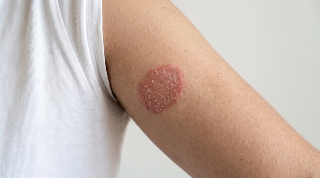 Close up view of red scaly ringworm skin lesion located on human arm showing signs of fungal infection with textured surface captured in bright lighting