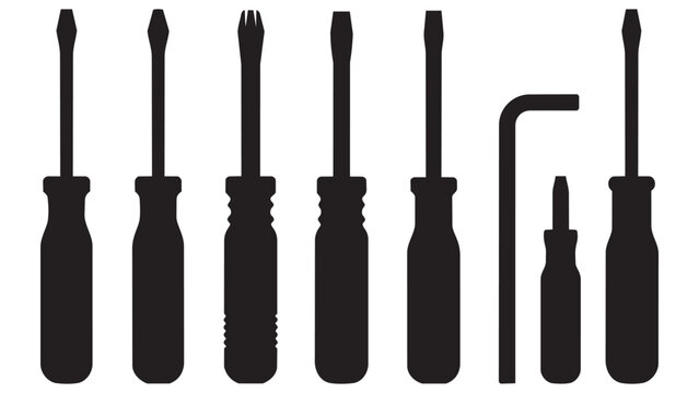 Set of Eight Different Screwdrivers in Silhouette