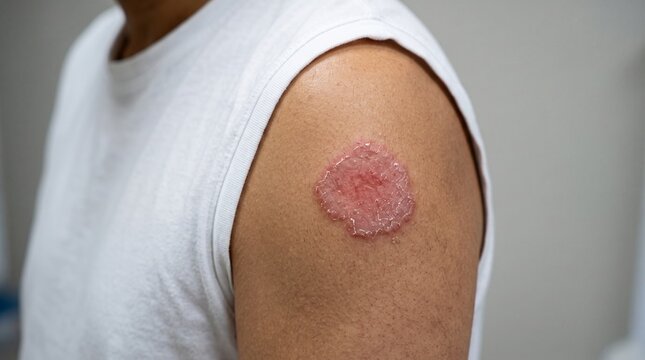Red circular fungal skin infection ringworm lesion appearing on the shoulder of an adult patient showing symptoms of tinea corporis under bright white clinic lighting.