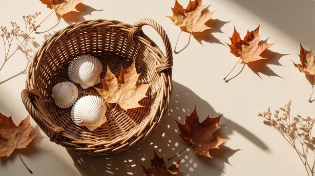 Woven basket holds shells and fall foliage on light surface. Rustic still life setup shows natural autumn beauty and coastal harvest elements.