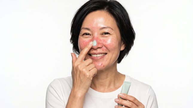 Smiling middle aged Asian woman applying soothing green cream to rosacea facial redness
