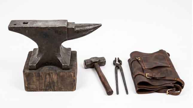 Heavy steel blacksmith anvil on wooden base alongside forging hammer, tongs and leather apron, conceptual 3D render representing metalworking tools, blacksmithing and craft trade.
