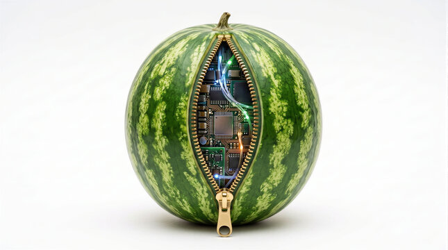Watermelon unzipped revealing electronic circuit board and microchips, conceptual 3D render representing synthetic food, gmo, artificial intelligence and agricultural tech.