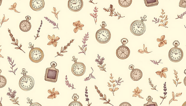 Vintage Pocket Watch and Botanical Pattern