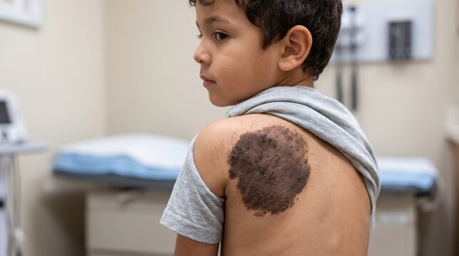 Young boy with large congenital melanocytic nevus birthmark on shoulder in medical clinic