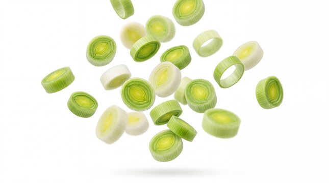 Fresh green leek slices falling in the air