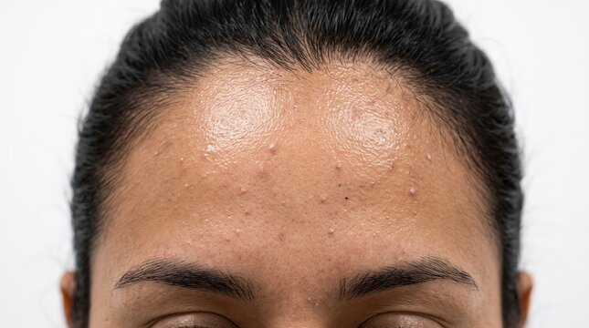Close up view of oily forehead skin with small closed comedones and acne whiteheads