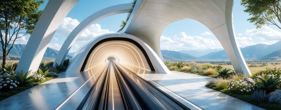 Futuristic hyperloop transport system with white arches in green landscape. Modern eco tech tunnel features sleek design, bright light. High speed maglev train track runs through scenic mountains,