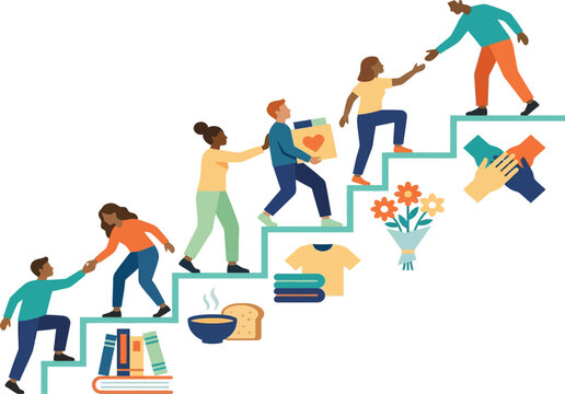 Illustration of diverse people helping each other climb stairs with icons of charity and community support