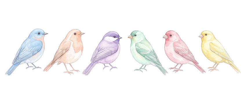Watercolor bird collection colorful songbirds standing isolated on black background set, pastel cute avian illustrations for nature wildlife art design projects and graphic element background.