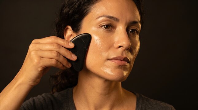 Brunette woman performing facial gua sha massage with black obsidian stone tool