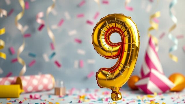 Birthday balloon shape number nine, golden letter figure 9 on celebration background AI Generative
