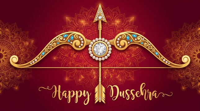 Luxurious dussehra greeting card with golden bow and arrow on red background