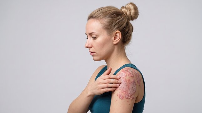 Woman touching thick red plaque psoriasis rash on upper arm and shoulder