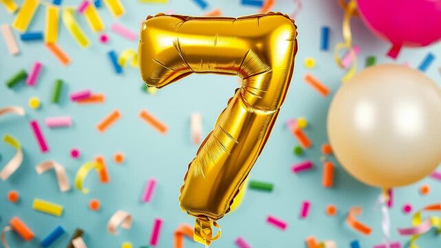 Birthday balloon shape number seven, golden letter figure 7 on celebration background AI Generative