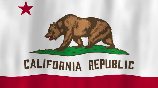 California Republic state flag with the iconic bear rippling in the wind USA America United States national patriotism world culture emblem symbol design banner red and white stripes star