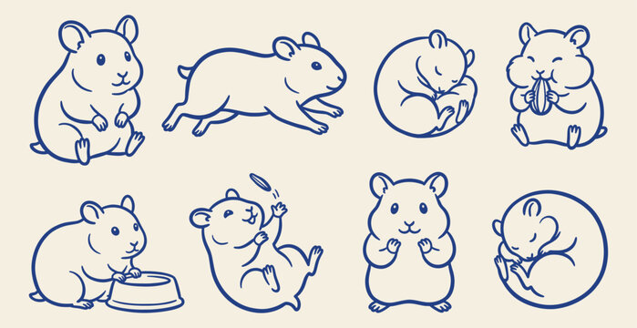 A collection of blue outline hamster icons showing various cute poses like eating, running, and sleeping