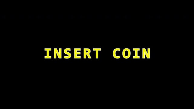 Retro arcade insert coin text flashing on black background