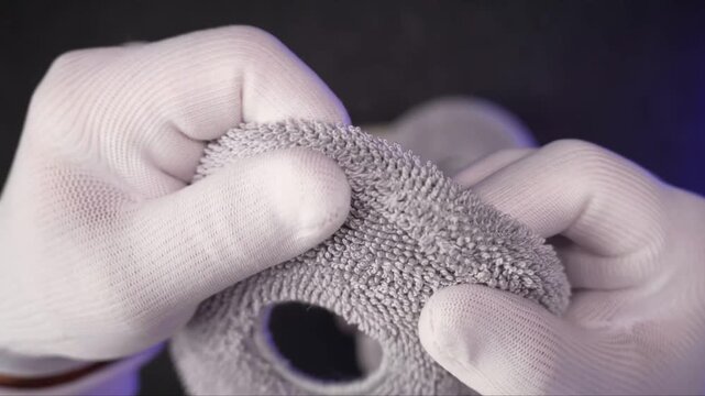 Hands in white gloves handle textured grey round vacuum cleaning pads during maintenance operations on a modern appliance base unit indoors