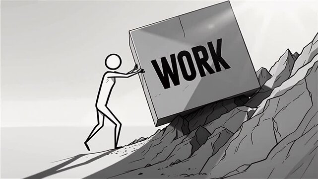 A stick figure struggling to push a large cube, concept of hard work and perseverance