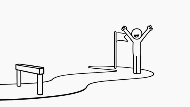 Clean minimalist stick figure animation of overcoming a challenge, flat vector style