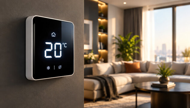 Smart Home Digital Thermostat Displaying 20&deg;C on Textured Concrete Wall in Modern Luxury Living
