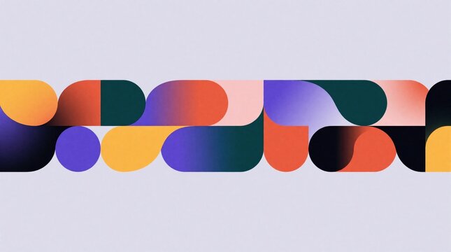Abstract geometric shapes with gradient colors form a modern pattern. Smooth curves and circles create a dynamic and playful composition. Minimalist design with purple orange yellow and green hues.