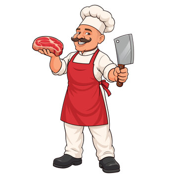Funny Butcher Character Holding Fresh Meat and Cleaver Cartoon Vector