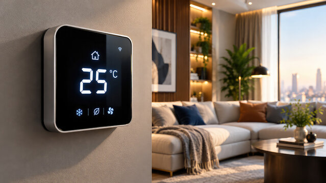 Smart Home Digital Thermostat Displaying 25&deg;C on Textured Concrete Wall in Modern Luxury Living Room,,